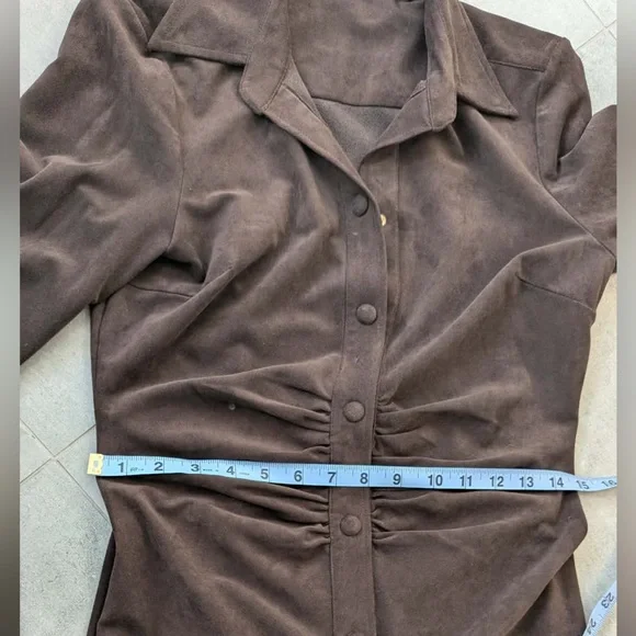 Marciano Faux Suede Button Front Dress Chocolate Brown Ruched Waist Size 6 - Picture 9 of 13